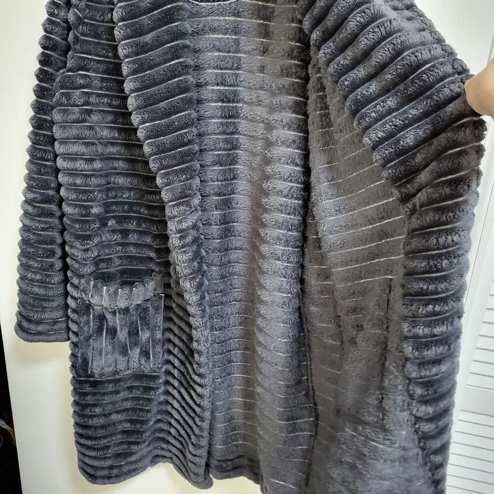 ANTHROPOLOGIE Mariposa Robe Womens M/L Charcoal Velvet Tie Faux Fur Plush Cozy - Picture 5 of 8